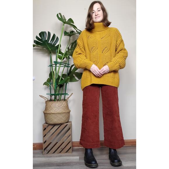 H&M Mustard Yellow Chunky Cable Knit Turtleneck Sweater Womens Large - Picture 1 of 6